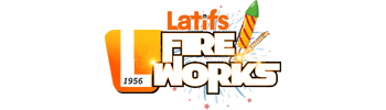 Latifs Fireworks logo. Depicting cartoon / comic candy-stripe rocket firing behind the main logo text